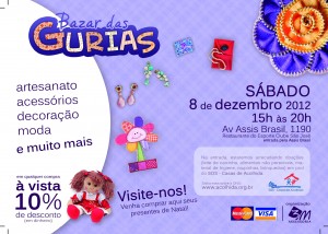 Convidamos todos os nossos colaboradores a prestigiarem o Bazar das Gurias que trará muitas novidades de artesanato, roupas, gênero alimentício entre outras. Participando do Bazar você estará ajudando a SOS Casas de Acolhida.